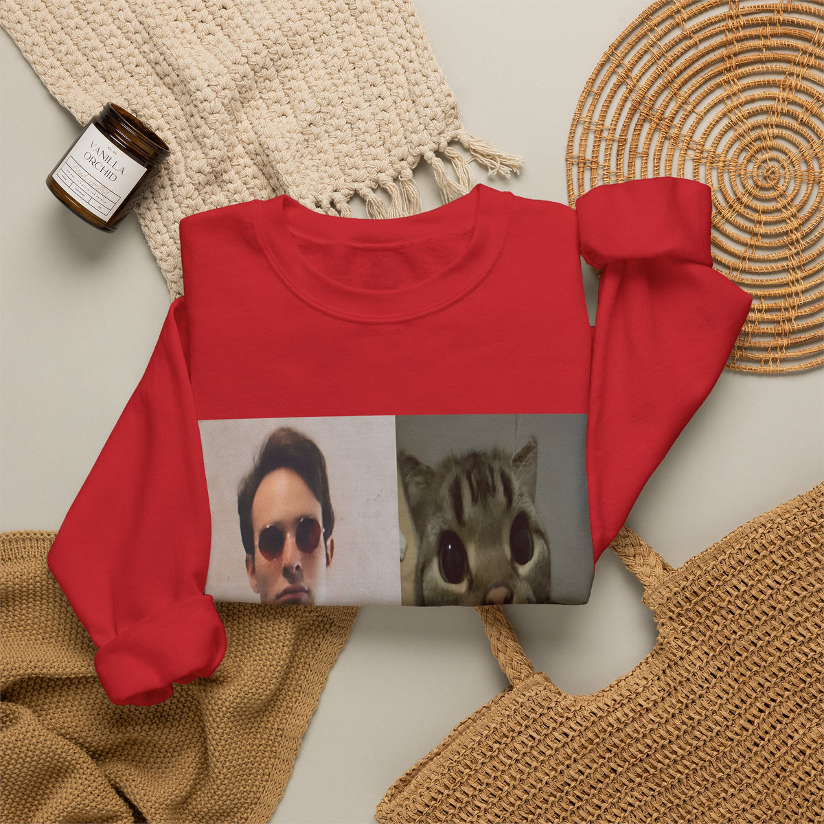 Crewneck Sweatshirt — Split Portrait Duo: Man & Cat in Suit Graphic