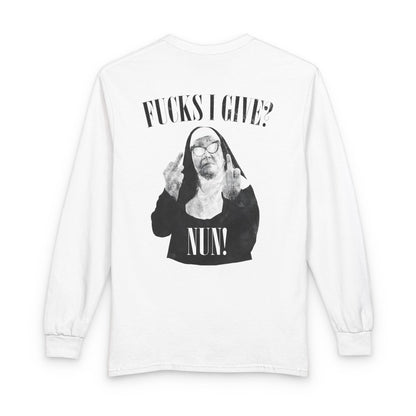 Funny 'Fucks I Give? Nun!' Long Sleeve Tee — Irreverent Nun Graphic Shirt