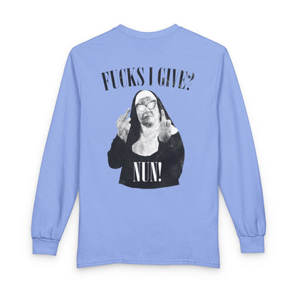 Funny 'Fucks I Give? Nun!' Long Sleeve Tee — Irreverent Nun Graphic Shirt