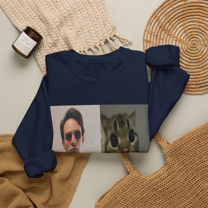 Crewneck Sweatshirt — Split Portrait Duo: Man & Cat in Suit Graphic