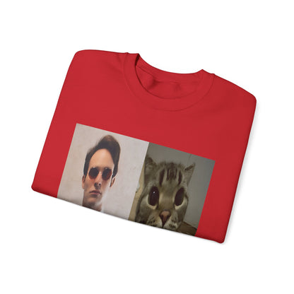 Crewneck Sweatshirt — Split Portrait Duo: Man & Cat in Suit Graphic