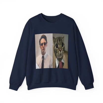Crewneck Sweatshirt — Split Portrait Duo: Man & Cat in Suit Graphic