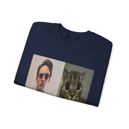 Crewneck Sweatshirt — Split Portrait Duo: Man & Cat in Suit Graphic
