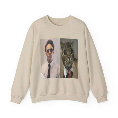 Crewneck Sweatshirt — Split Portrait Duo: Man & Cat in Suit Graphic