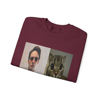 Crewneck Sweatshirt — Split Portrait Duo: Man & Cat in Suit Graphic