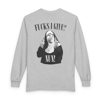 Funny 'Fucks I Give? Nun!' Long Sleeve Tee — Irreverent Nun Graphic Shirt