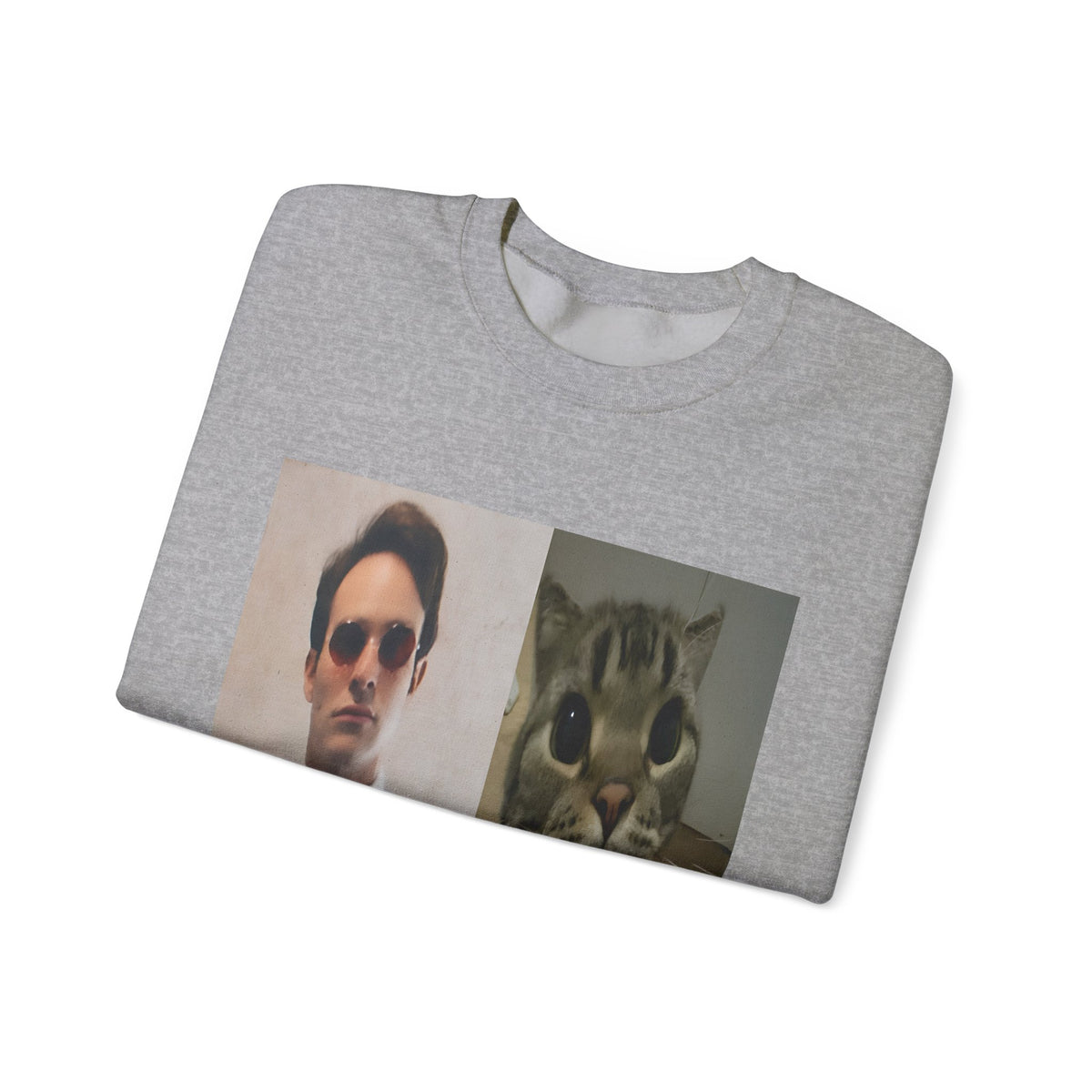 Crewneck Sweatshirt — Split Portrait Duo: Man & Cat in Suit Graphic