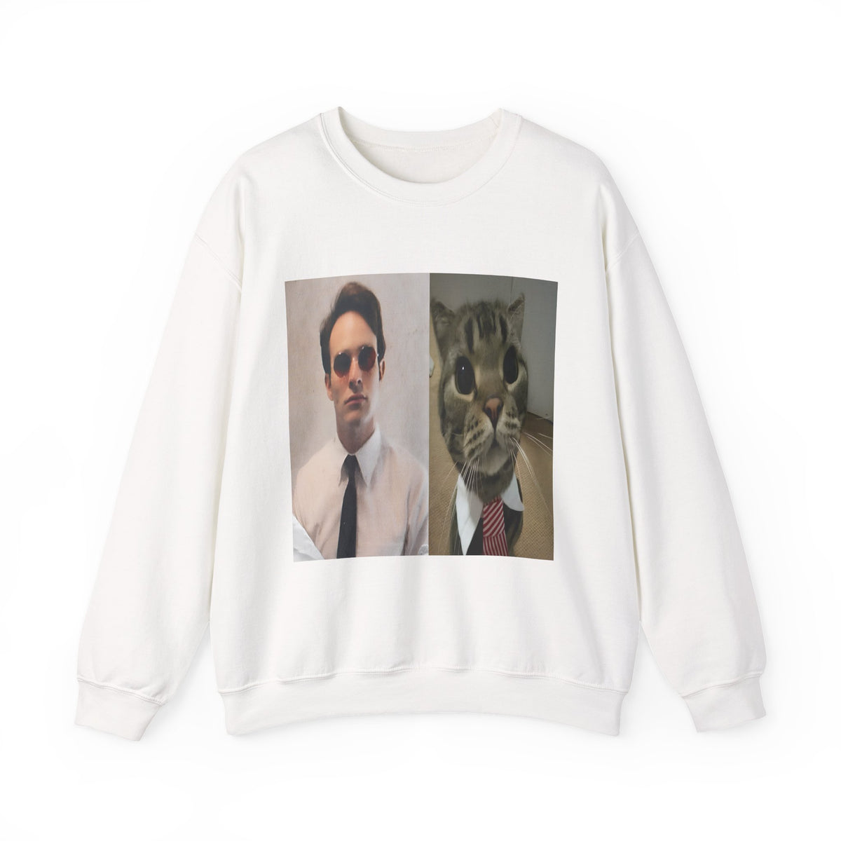 Crewneck Sweatshirt — Split Portrait Duo: Man & Cat in Suit Graphic