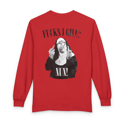 Funny 'Fucks I Give? Nun!' Long Sleeve Tee — Irreverent Nun Graphic Shirt