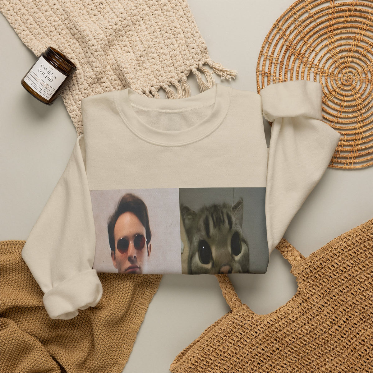 Crewneck Sweatshirt — Split Portrait Duo: Man & Cat in Suit Graphic