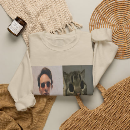 Crewneck Sweatshirt — Split Portrait Duo: Man & Cat in Suit Graphic
