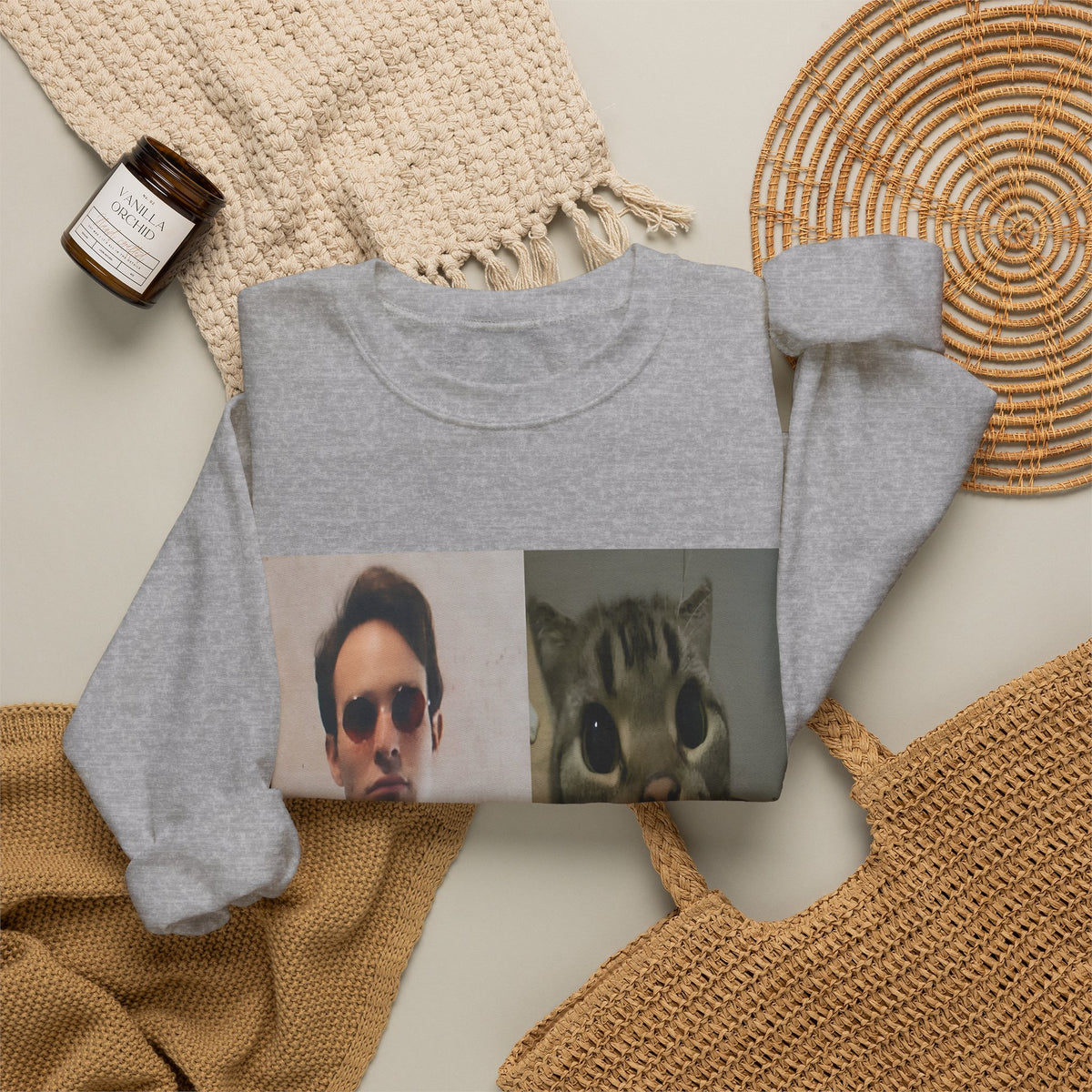 Crewneck Sweatshirt — Split Portrait Duo: Man & Cat in Suit Graphic