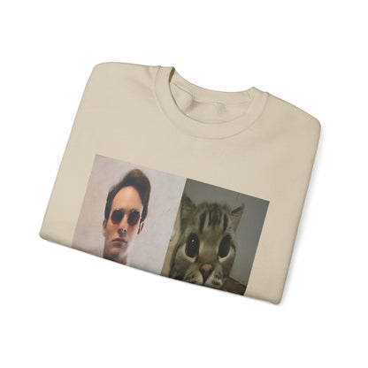 Crewneck Sweatshirt — Split Portrait Duo: Man & Cat in Suit Graphic