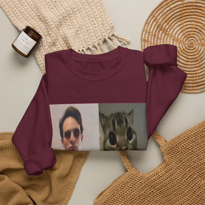 Crewneck Sweatshirt — Split Portrait Duo: Man & Cat in Suit Graphic