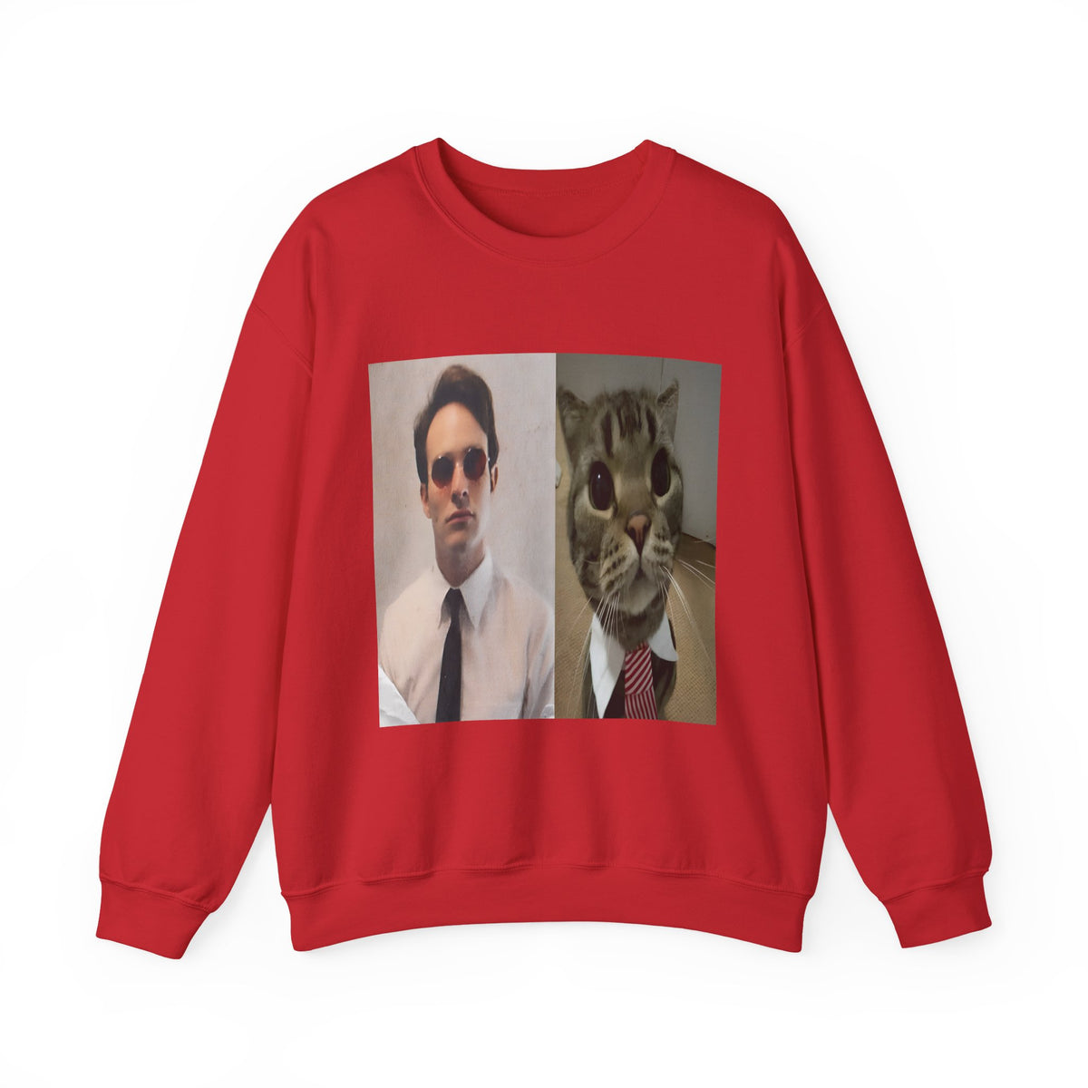 Crewneck Sweatshirt — Split Portrait Duo: Man & Cat in Suit Graphic