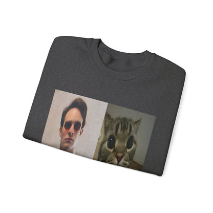 Crewneck Sweatshirt — Split Portrait Duo: Man & Cat in Suit Graphic