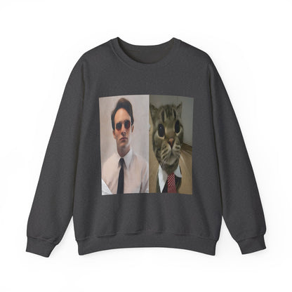 Crewneck Sweatshirt — Split Portrait Duo: Man & Cat in Suit Graphic