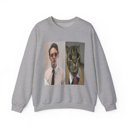Crewneck Sweatshirt — Split Portrait Duo: Man & Cat in Suit Graphic
