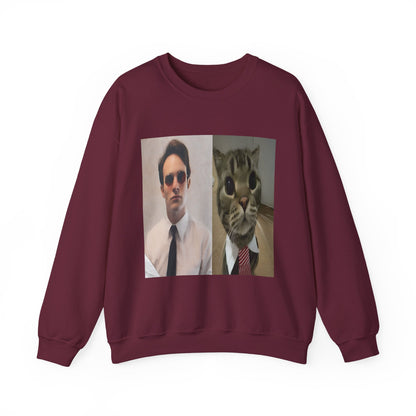 Crewneck Sweatshirt — Split Portrait Duo: Man & Cat in Suit Graphic