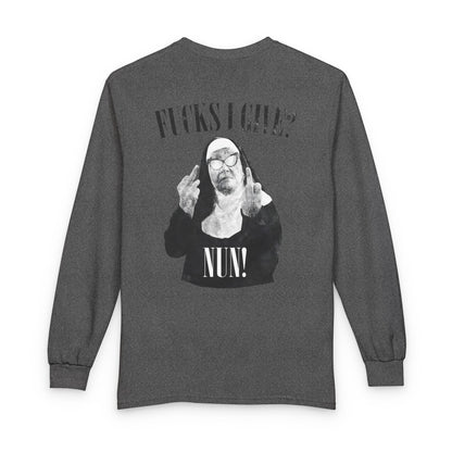 Funny 'Fucks I Give? Nun!' Long Sleeve Tee — Irreverent Nun Graphic Shirt
