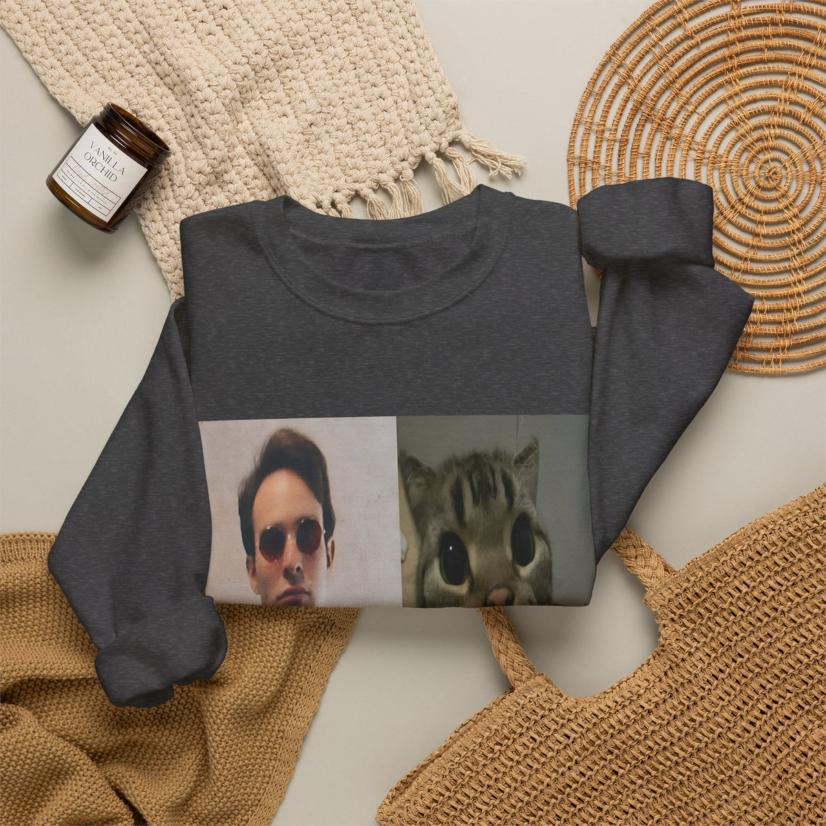 Crewneck Sweatshirt — Split Portrait Duo: Man & Cat in Suit Graphic