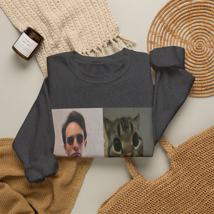 Crewneck Sweatshirt — Split Portrait Duo: Man & Cat in Suit Graphic