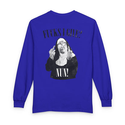Funny 'Fucks I Give? Nun!' Long Sleeve Tee — Irreverent Nun Graphic Shirt