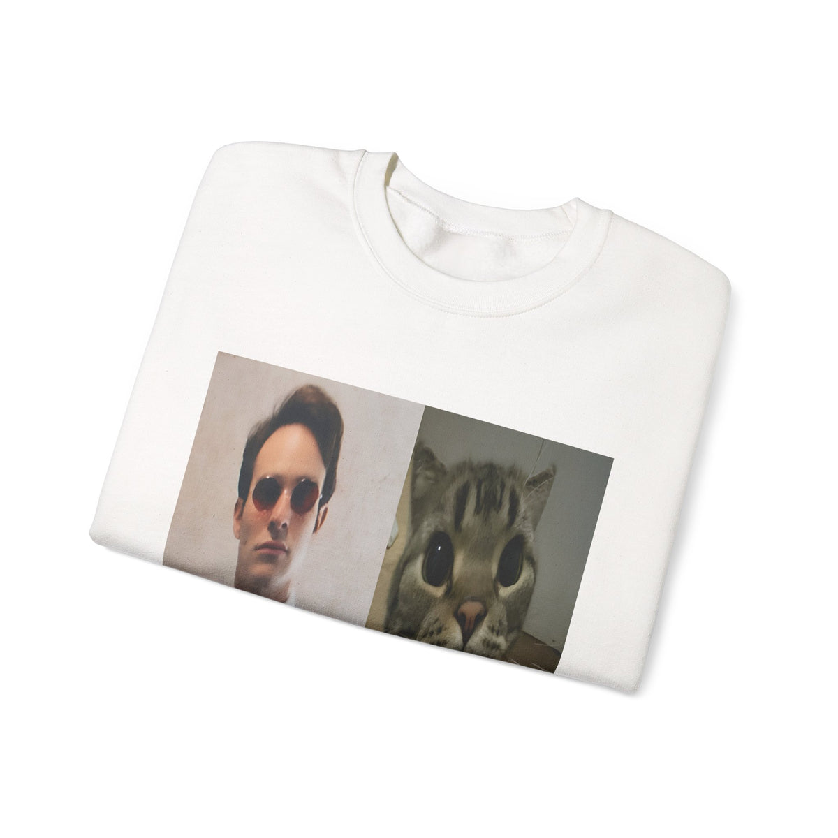 Crewneck Sweatshirt — Split Portrait Duo: Man & Cat in Suit Graphic