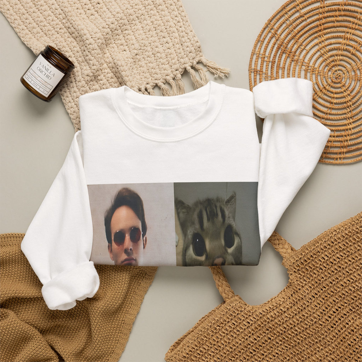 Crewneck Sweatshirt — Split Portrait Duo: Man & Cat in Suit Graphic